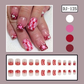 Valentine's Day Press on Nails Short Square Fake Nails with XO design Cute Pink False Nails Glitter Full Cover Heart Stick on Nails French Tip Acrylic Nails for Women Girls Valentine Nails Decor24pcs