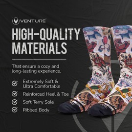 Venture - Tattoo Shop Socks, Comfortable Casual Crew Crew Socks, Ribbed Colorful Socks with Reinforced Heel and Toe, Sole & Arch Supported Walking Socks, Size M/L