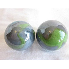 Big Game Toys~Set of 2 Thunderbolt 35mm Boulder Gray/Green Swirl Large Shooter Solid Glass Marbles Home Decor/Vase Filler/Aquarium