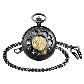 Unendlich U Men's Unisex Fashion Retro Hand Winding Mechanical Pocket Watch Hollow 6 Petals Skeleton Chain Watch Pullover Necklace Gift Box for Christmas Father's Day, black