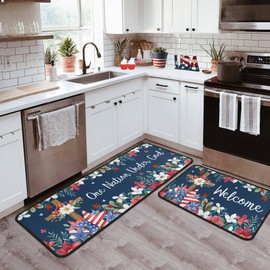 4th of July Kitchen Rugs Set of 2, Patriotic Kitchen Mats for Floor Forth of July Decorations Non Slip Backing Blue American Flag Stars Rug Memorial Day Home Decor (4th of July 4, 17"x47.2"+17"x30")