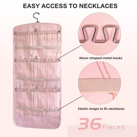 Gurajo Hanging Jewelry Organizer Doubled-sided with Pockets & Hooks for Rings, Earrings, Necklaces, Hair Accessories Storage Roll, Closet Earring Holder Organizer for Wall, Door, Travel, 1 PCS, Pink
