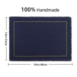 Ayuzawa Handmade Placemat Set of 4, 100% Cotton Embroidered Placemats with Tassels, Heat Resistant and Washable, Kitchen Table Decor, 13 x 19 Inch, Navy Blue