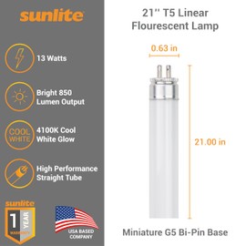 Sunlite 21-Inch F13T5/CW T5 Linear Fluorescent Lamp, 13 Watts, 850 Lumens, 4100K Cool White, Miniature G5 Bi-Pin Base, ROHS Compliant, High Performance Straight Tube, 10 Pack