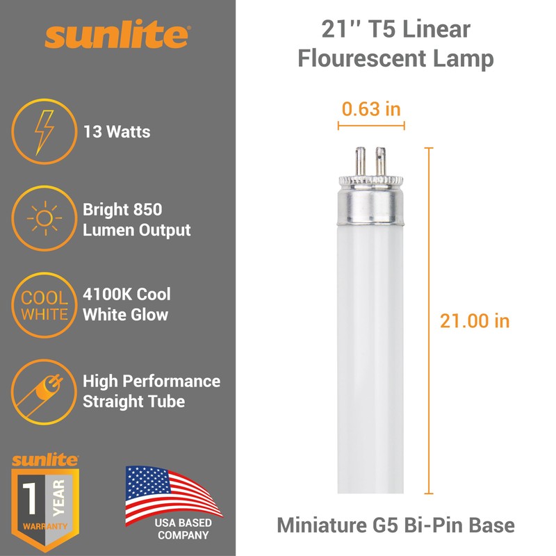 Sunlite 21-Inch F13T5/CW T5 Linear Fluorescent Lamp, 13 Watts, 850
