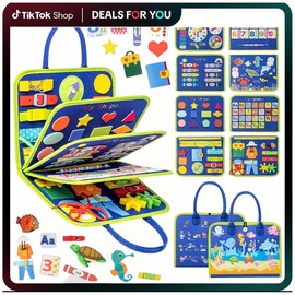 Toddler Learning Busy Board – Montessori Sensory Toy & Travel Activity Book for 2-4 Year Old Boys & Girls, Dinosaur Theme.:_PINK-Random Design