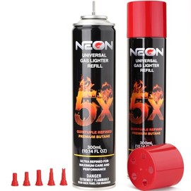 NEON Butane Fuel 300ml, 5X Premium Refined Butane Refill for Torch Lighter, 0 Impurities Lighter Fluid with Metal Nozzle & 5 Butane Gas Refill Adapters for Culinary, Welding, and DIY (2 Cans)