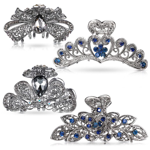 4 Pieces Metal Hair Clips Large Vintage Flower Hair Claw Jaw Clips Non-Slip Metal Rhinestone Hair Claw Jaw Clips Barrette Accessories for Women Girls