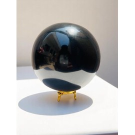 Large Black Tourmaline Crystal Sphere Handmade Crystal Home Office Decorative Crystal Ball Healing Gem Ball 100MM with Golden Metal Stand