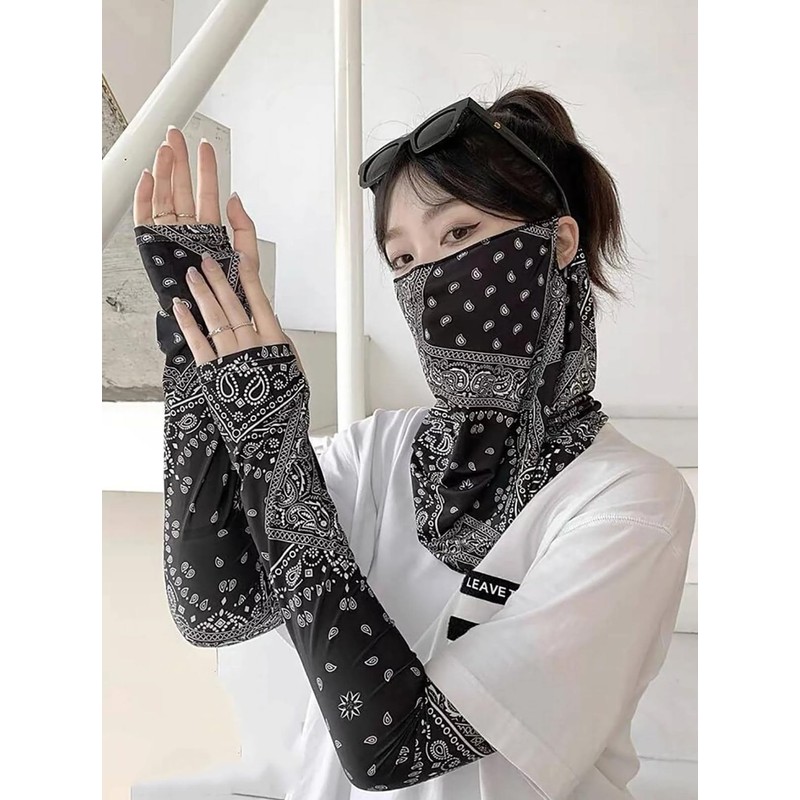 Black Paisley Long Arm Sleeves Sun Motorcycle Bicycle Elastic Stretch