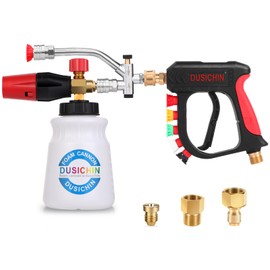 DUSICHIN Pressure Washer Short Gun Foam Cannon 1/4" Quick Connector,Car Wash Foam Gun Kit Dual Connector Accessory,Double Tip Attachment For Soap Cannon with 5 Nozzle Tips DUS2501