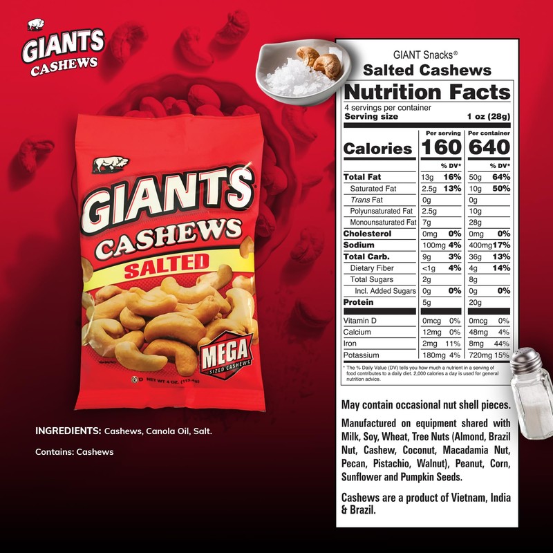 GIANTS Salted Cashews - Cashews Roasted Lightly Salted, Cashews Individual