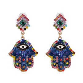 Crystal Hamsa Hand of Fatima Dangle Earrings for Women Colorful Cubic Zirconia Big Evil Eye Statement Drop Dangling Stud Lightweight Boho Lucky Protection Jewelry Gifts (Blue)