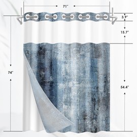 Nesphy No Hook Grey Navy Blue Painting Shower Curtain with Snap in Fabric Liner Set, Abstract Double Layers Waterproof Fabric with See Through Top Window Open Grommet Bath Curtain 71x74 Inch