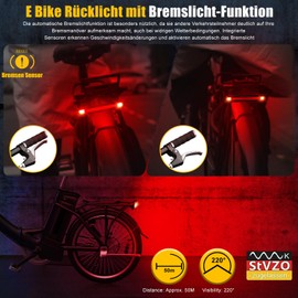 Amitor E Bike Rear Light LED with Brake Light, StVZO Approved Safety Rear Light Ebike, IPX5 Waterproof LED Bicycle Rear Light for E-Bike with Cable, Bicycle Lamp Rear for Pannier Rack E-bikes