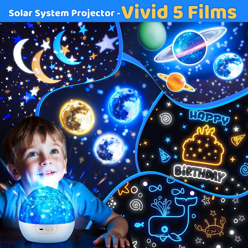 Solar System for Kids Projector Night Light, 360°Rotating+5 Films Planets