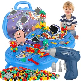 Juego de Herramientas para Niños, 206PCS Juguet Construccion con Taladro Eléctrico, DIY Herramientas de Juguete Espaciales, Juguetes Educativos de Montaje, Construye Coches, Animales, Robots (Azul)