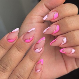 MERVF Almond Press on Nails Medium Lenght Fake Nails Press ons French Tip Pink Glue on Nails Glitter Stripe Stiletto Acrylic False Nails with Geometric Design 24pcs Matte