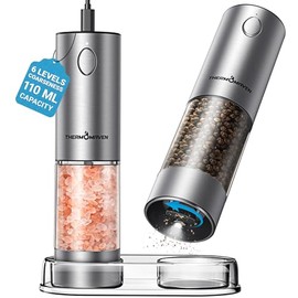 ThermoMaven Juego de molinillo eléctrico de sal y pimienta de mayor capacidad, 3.7 fl oz, mezclador de sal y pimienta recargable con luz LED, molinillo de pimienta automático de acero inoxidable con 6 grosores ajustables