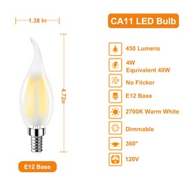 Vinaco CA11 Bulb Dimmable 2700K Warm White, 4 Pack Candelabra LED CA11 450LM, Frosted Glass Flame Shape Bulb E12 4W Equivalent 40W 120V, Flicker Free Vintage Bulb with CRI85+ Decoration