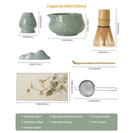 Matcha Whisk Set-7-Piece Ceramic Matcha Kit for Matcha Lovers,Includes Matcha Bowl,Bamboo Matcha Whisk & Holder,Bamboo Scoop,Scoop Rest,Sifter,and Tea Towel(Blue)