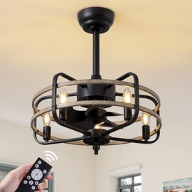 NOXARTE 20 Inch Caged Ceiling Fan with Light and Remote, Flush Mount Vintage Farmhouse Fandelier 6 Speeds Reverse Motor Rustic Bladeless Ceiling Fan for Bedroom Living Room Dining Room