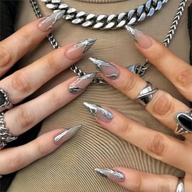 Rchovsam Silver French Press on Nails Medium Almond False Nails 3D Silver Stick on Nails Fake Nails with Design Nude Glue on Nails Acrylicails Nails Kit for Womens 24pcs