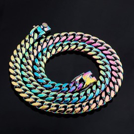 ROWIN&CO Mens 15mm Miami Cuban Link Chain Rainbow Stainless Steel Curb Necklace for Men & Women, Hip Hop Jewelry, Available in 18"-35", Cuban Colorful Chains, Includes Gift Box.