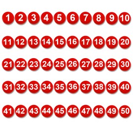 Pack of 50 Magnetic Numbers 1-50, Magnets with Numbers, Round Numbers, Fridge Magnets for Whiteboard, Dry Wipe Boards, Home, Classroom, Office, Fridge (2 cm Diameter, Red)