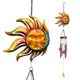 BVLFOOK Sun with Flame Wind Chime for Outside Garden Decoration, Aluminum Tubes with Star Shape Suncatcher, Wind Chimes Hanging for Porch Patio Balcony Decor, 37 Inch