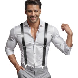 ZCXQM Genuine Leather Suspenders for Men Heavy Duty Y Back Mens Suspenders for Dress Pants Groomsmen Gift in Wedding(Black, 32in-45in)