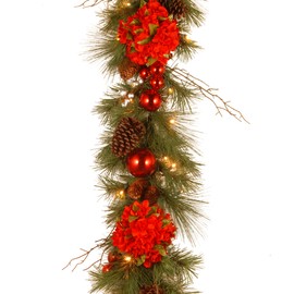 National Tree 9 Foot by 12 Inch Decorative Collection Hydrangea Garland with Silver Berries, Branch Twigs, Cones, Ball Ornaments and 50 Battery Operated Warm White LED Lights (DC13-158-9BB-1)