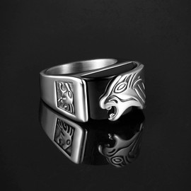 Mens Lion Ring Stainless Steel Silver Unique Statement Signet Onyx Ring Size 12