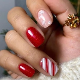 Christmas Press on Nails Xmas Red and White Stripes False Nails Short Square Fake Nails with Snowflake Design Winter Glitter Acrylic Nails Full Cover Christmas Nail Art Kit for Women Manicure 24 Pcs