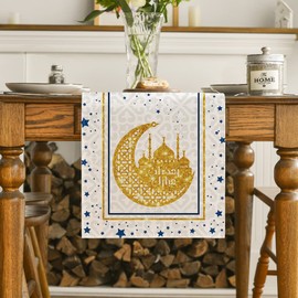Artoid Mode White Moon Star Golden Ramadan Table Runner, Seasonal Summer Holiday Kitchen Dining Table Decoration for Home Party Decor 13x48 Inch