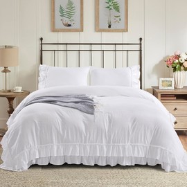 HIG 3 Piece Chic King Ruffle Duvet Cover Off - Handmade Rustic Ruffle - 100 Pre-Washed Microfiber Bedding Natural Wrinkle & Breathable Zipper Closure & Corner Ties (Hans), Hans-Off White