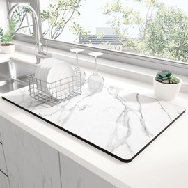 Rnivvi Dish Drying Mat for Kitchen Counter, XL 15 x 24" Cute Marble Super Absorbent Draining Pad, Non-Slip Heat Resistant Coffee Bar Mats for Coffee Machine Station Accessories, White Dish Rack Pad