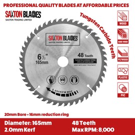 Saxton TCT Circular Wood Saw Blade 165mm x 20mm (16mm Ring) x 48 Teeth Compatible with Bosch Makita etc
