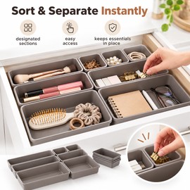 8-Piece Adjustable Drawer Organizer Set, Plastic Storage Trays for Makeup, Jewelry, Kitchen, Bathroom & Office Organization