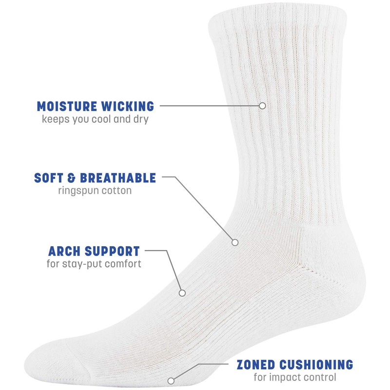 Gildan Men's Active Cotton Crew Socks, 10-Pairs, White, Shoe Size: