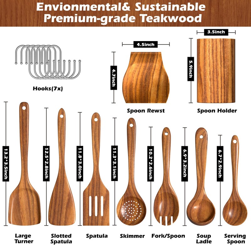 Natural Teak Kitchen Cooking Utensil Set with Holder, Wooden Spoons