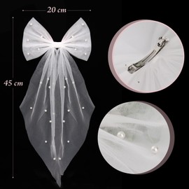 BETESSIN JGA Bridal Veil - White Veil with Pearls & Bow - Bridal Hair Accessories with Hair Clip - Elegant Bridal Veil for Stag Night & Wedding, White