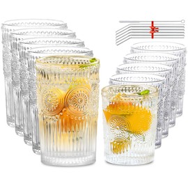 Lvtrupc 10Pcs Vintage Drinking Glasses - Romantic Highball Glasses & Rocks Glasses, Striped Glass Tumbler Cups for Water Coffee Juice Cocktail, Luxurious Floral Embossed Clear Glassware Set