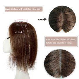 FQNing Human Hair Topper 12 Inch Real Remy Hair Full Hand Tied Silk Topper Straight Hair Piece for Thinning Hair Women Solution (12 Inch, 4# Medium brown)