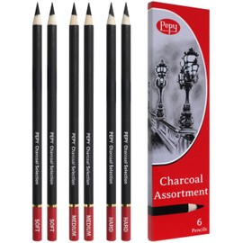 Pepy Charcoal Assorted Set of 6 Pencils: 2 Each Hard, Medium, Soft