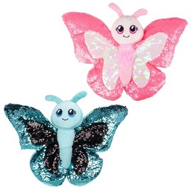 2 Pack - Sequinimals Sequin Pink + Blue Butterfly (Large 14" x 11") Soft Plush Stuffed Animal Reversible Sequins Hot Pink and Blue & Silver