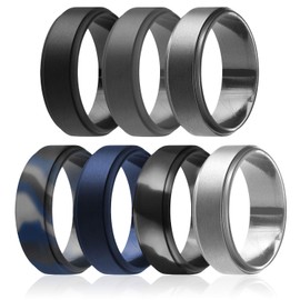 ROQ Silicone Rubber Wedding Ring for Men, Breathable Rubber Engagement Band, 8mm Wide 2mm Thick, Step Edge, 7 Pack, Black, Grey, Platinum, Silver, Black Camo, Dark Blue, Black-Blue Camo, Size 9