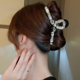 Jumwrit Large Rhinestone Hair Claw Clip Strong Hold Acrylic Hair Jaw Clip Shiny Hair Clamp Accessories for Women Girls Bling Glitter Square Heart Crystal Cross Hair Clip (Black)