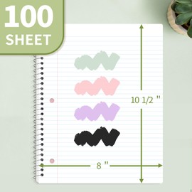 SUNEE Spiral Notebook, 1-Subject, College Ruled Paper, 8" x 10-1/2", 100 Sheets per Notebook, 3-Hole Punched Paper, Water Resistant Cover, Double-sided Pockets, Spiral Lined Notebooks for Work, Green