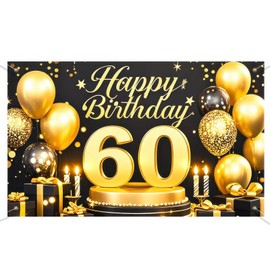 BlissYard Happy 60th Birthday Banner 71x43 Inch 60th Birthday Decorations for Men Women Party Suppiles Black Gold Backdrop 60th Decor Poster Background Gift Party Banner Supplies
